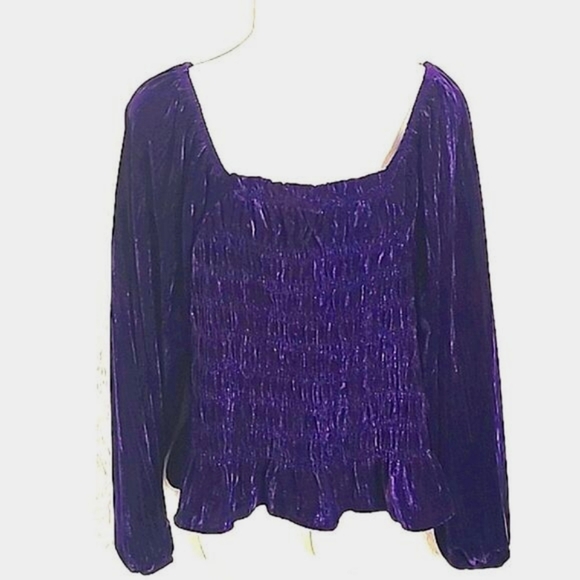 Maurices Purple Velvet Smocked Crop-top, Long Blouson Sleeves, Size Large - Picture 3 of 8
